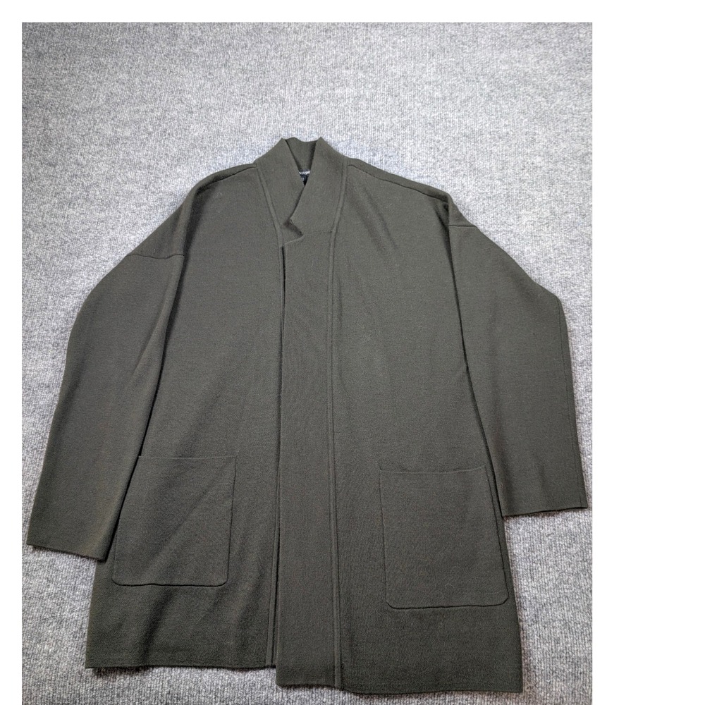 Eileen Fisher Cardigan SZ M Olive Green Merino Wool Silk Blend Open Front Pocket